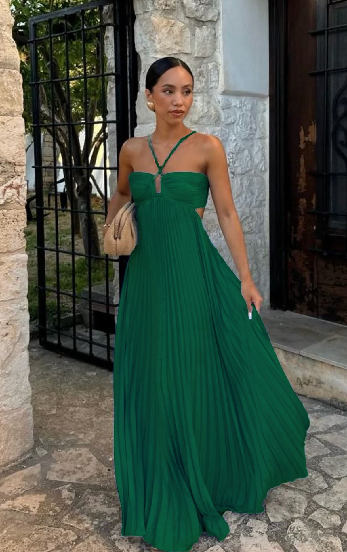Abito donna plissettato senza maniche con collo halter - Elegante da sera