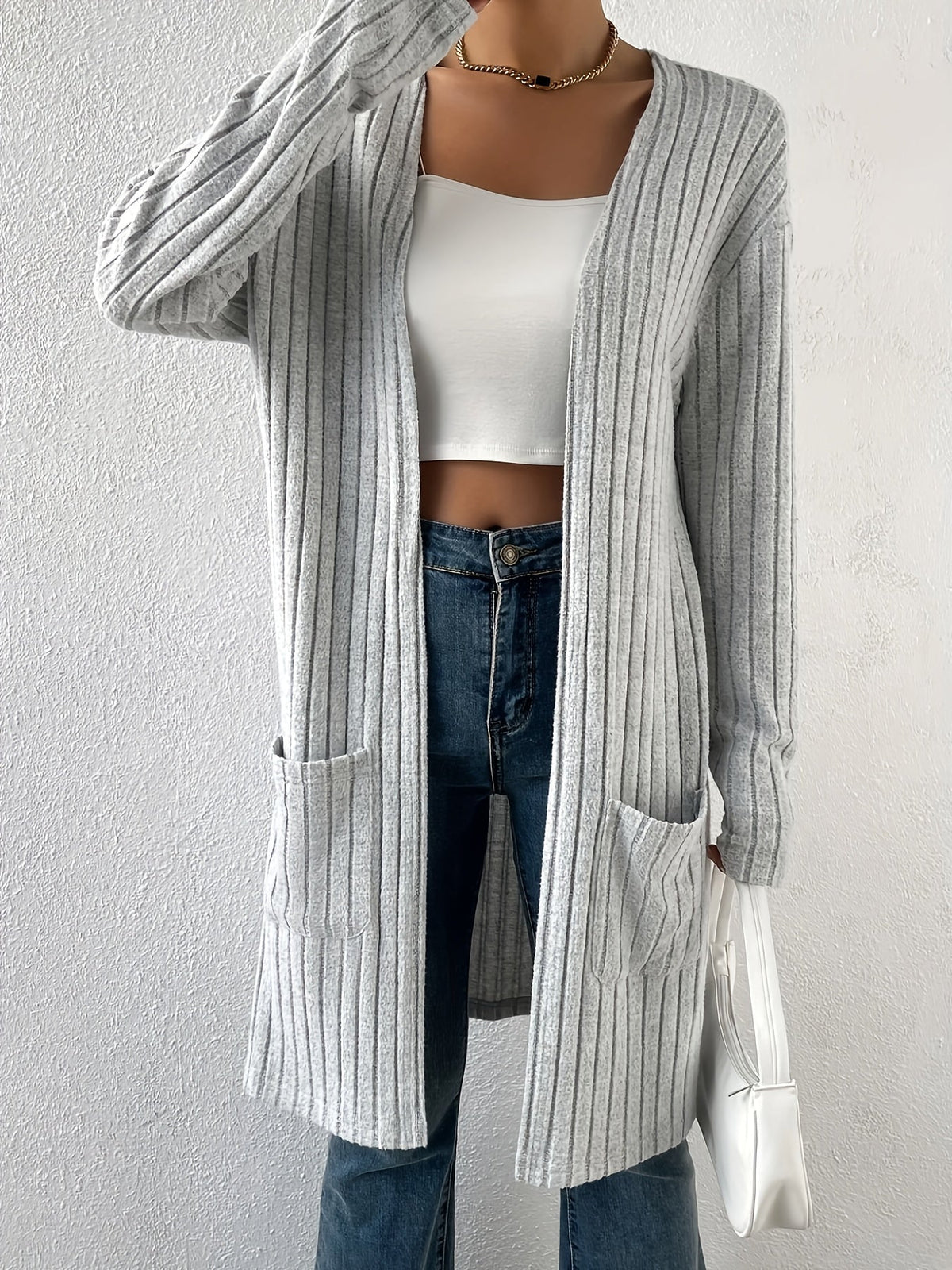 Women's open-front ribbed cardigan - Lightweight and versatile
