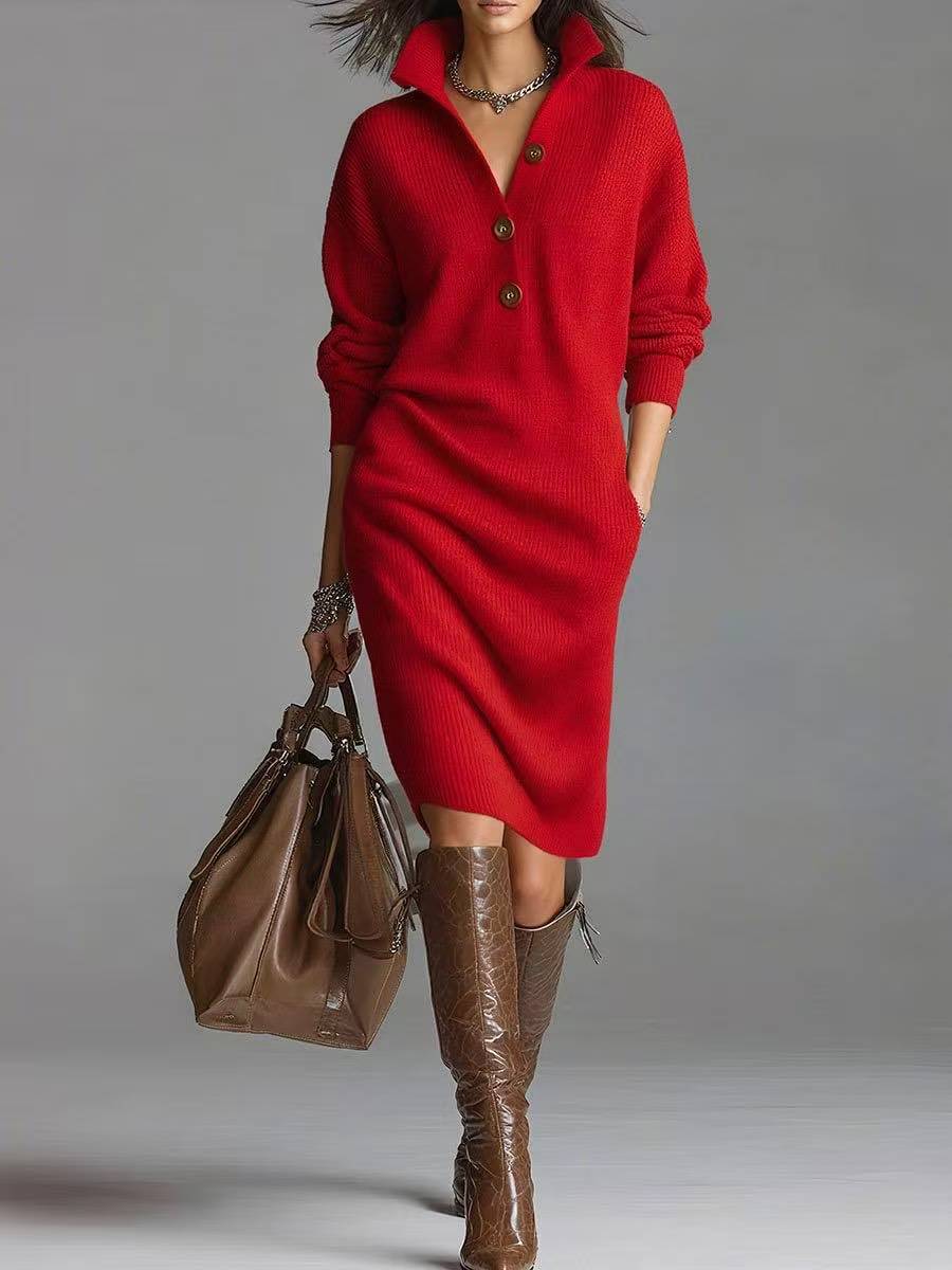 Abito in maglia a maniche lunghe da donna – Scollo a V alto con bottoni