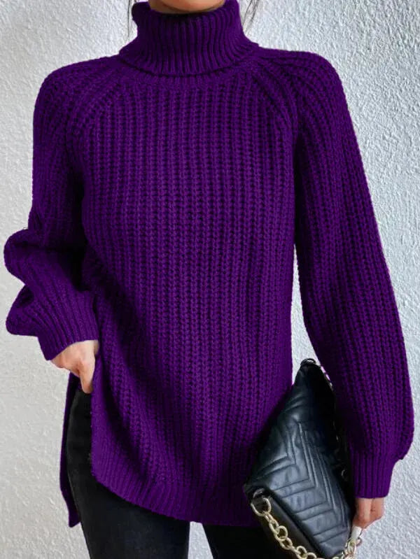 Maglione dolcevita da donna con maniche raglan e orlo spaccato
