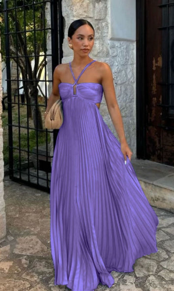 Abito donna plissettato senza maniche con collo halter - Elegante da sera