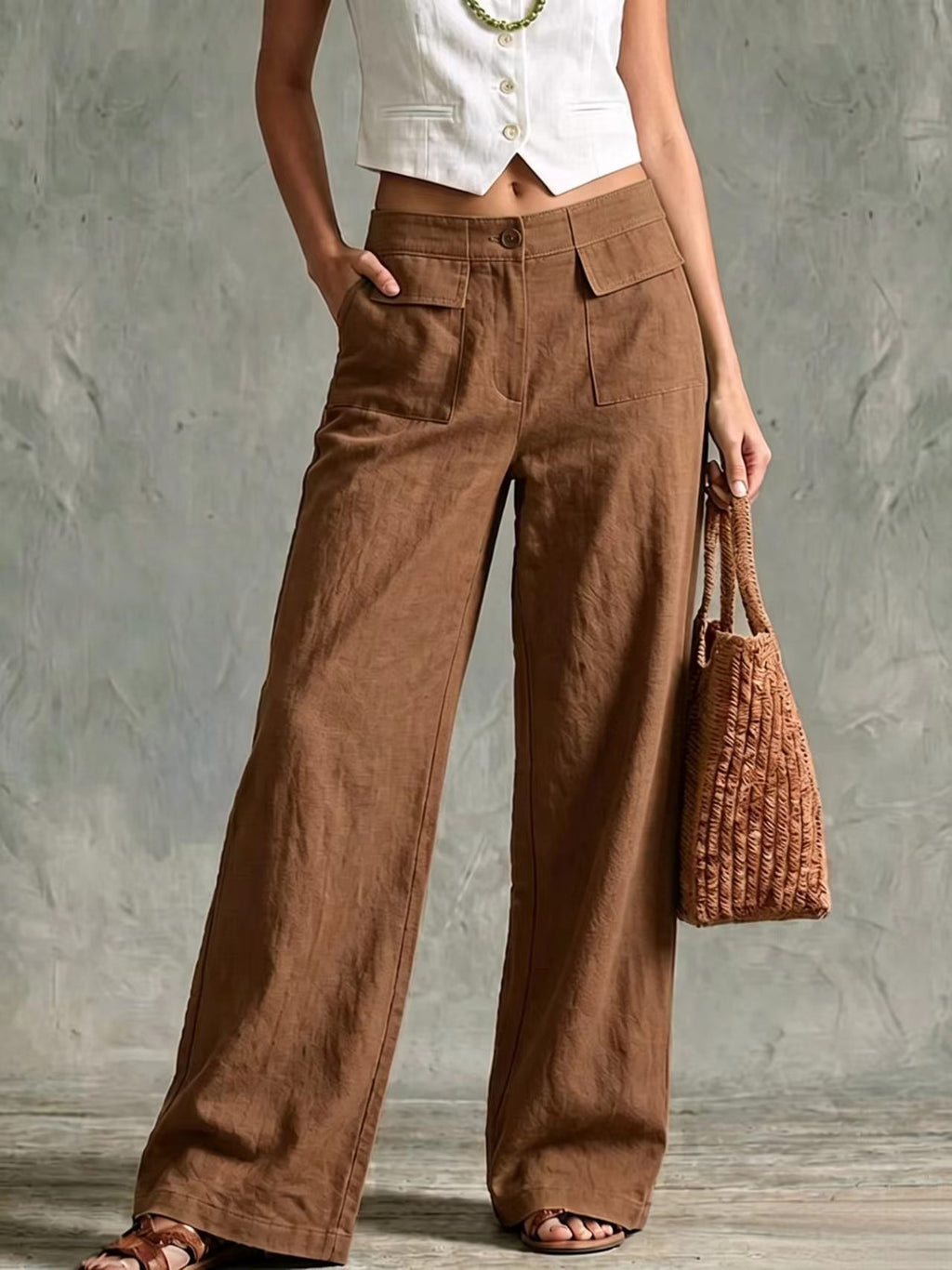 Womens Solid-color Fashionable Loose Casual Elastic-waist Trousers