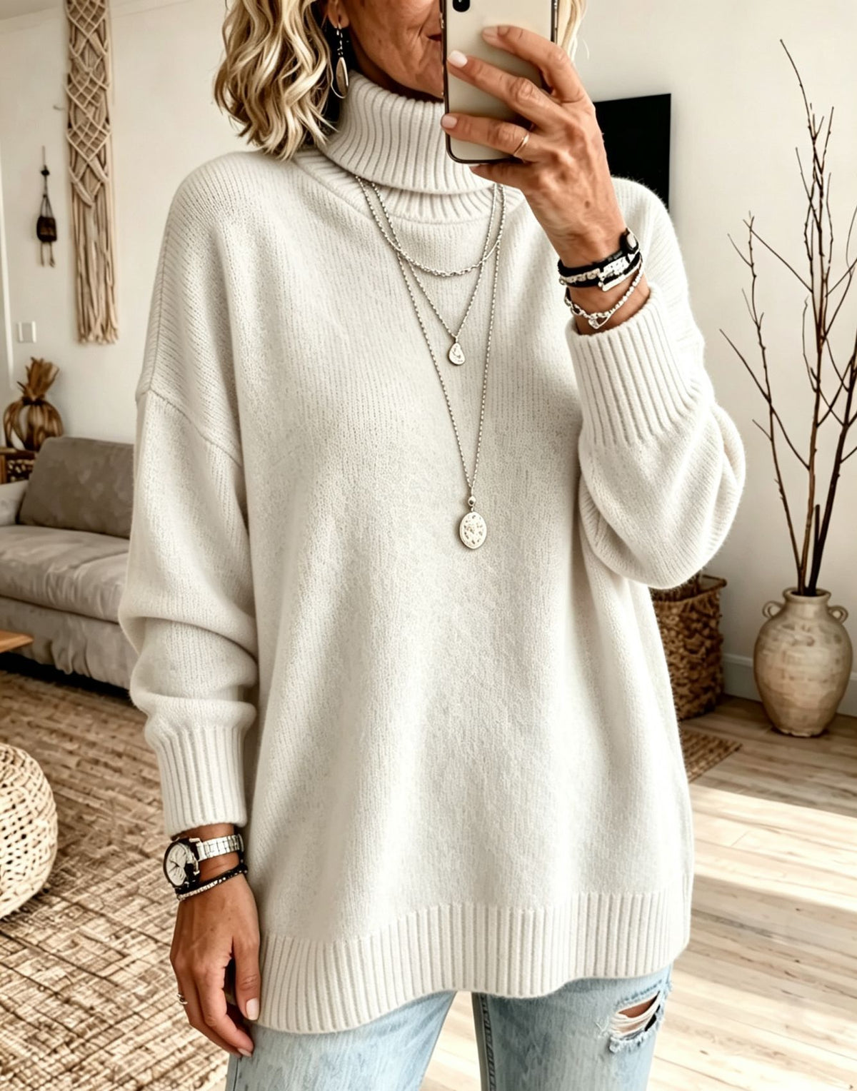 Pull femme ample à col roulé - Chaud et facile à porter