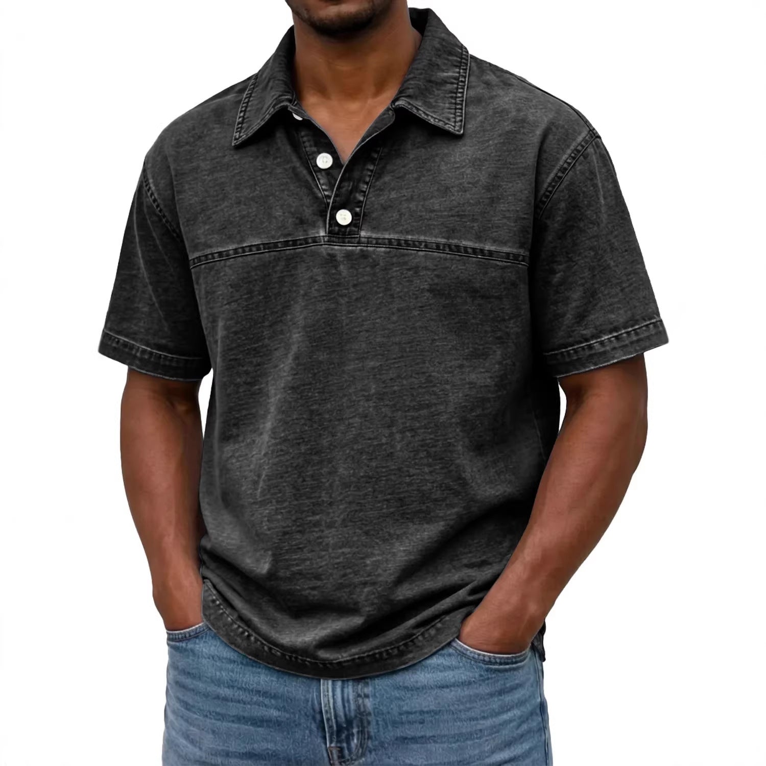 Elegant vintage solid-color polo for men – Short-sleeve knit shirt