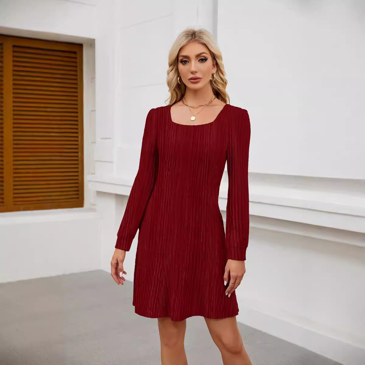Mini abito a maniche lunghe da donna - Scollo quadrato, vestibilità comoda, leggero, tascabile, outfit primaverile e autunnale