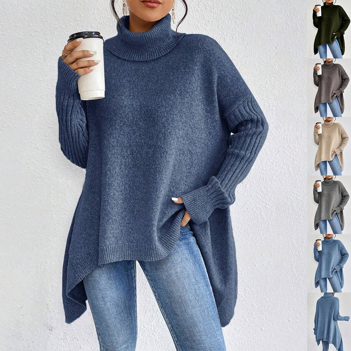 Maglione dolcevita irregolare da donna – Pullover a maniche lunghe in maglia larga
