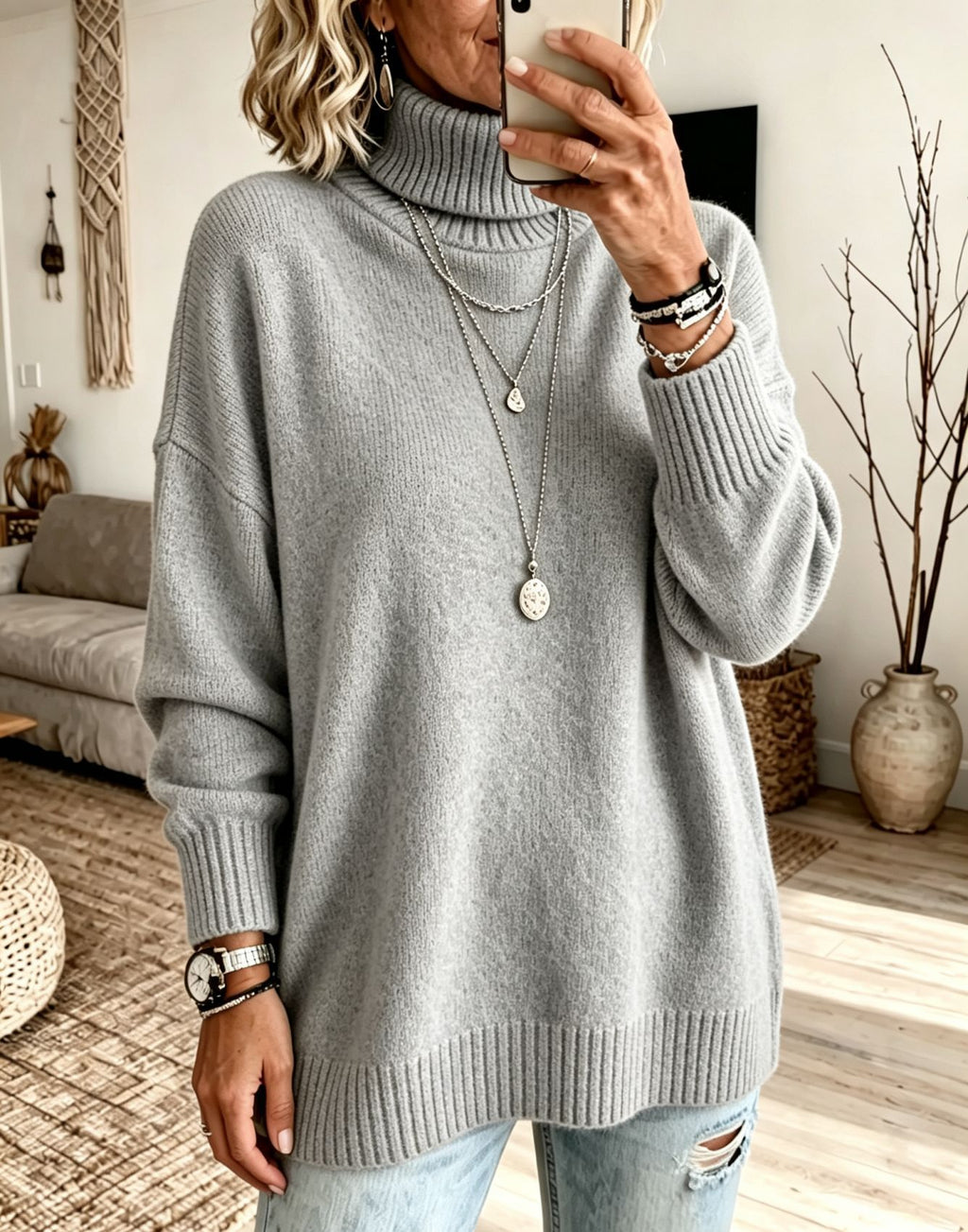 Pull femme ample à col roulé - Chaud et facile à porter