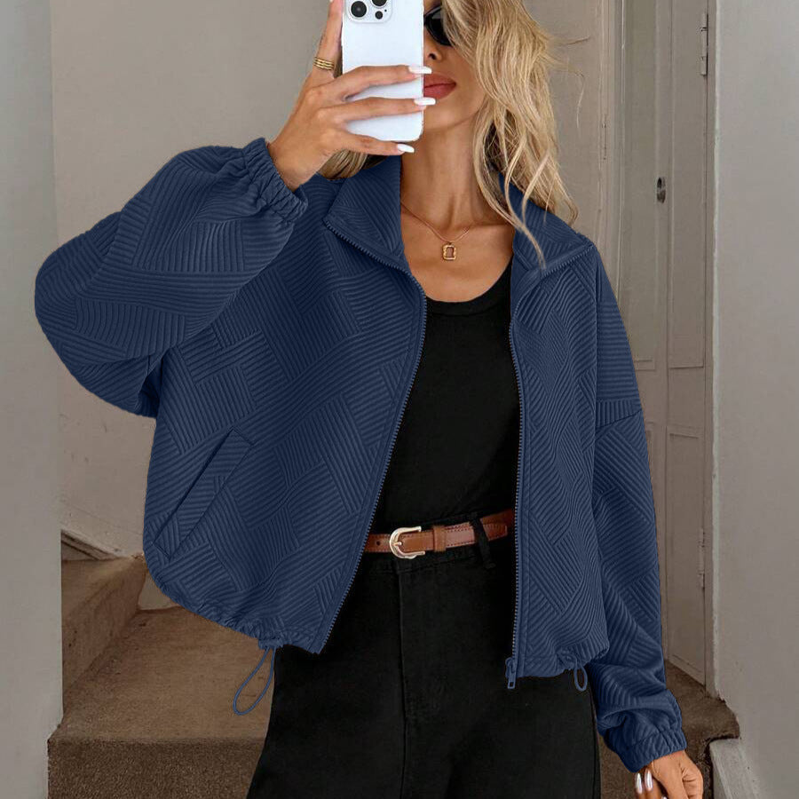 Giacca da donna con collo alto e cerniera – Modello casual autunno-inverno dalla vestibilità ampia con orlo regolabile tramite coulisse