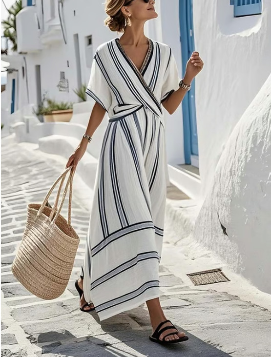 Abito estivo da donna a righe astratte – Scollo a V, maniche corte, linea ad A e svasato