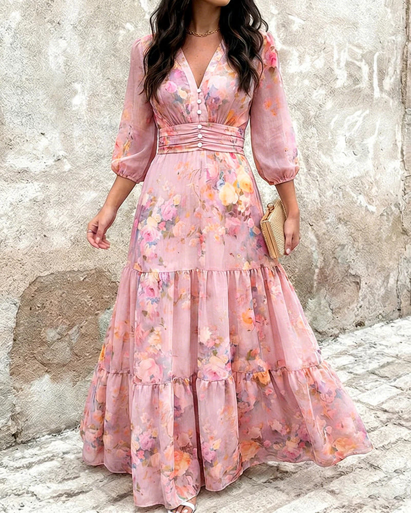 Abito donna con volant sovrapposti e maniche a tre quarti - Elegante e femminile
