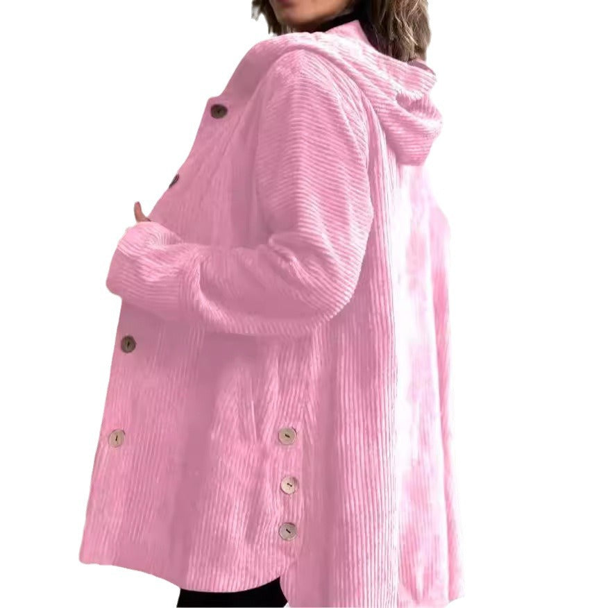 Elegante giacca con cappuccio in velluto a coste da donna – Maglione casual abbottonato di media lunghezza