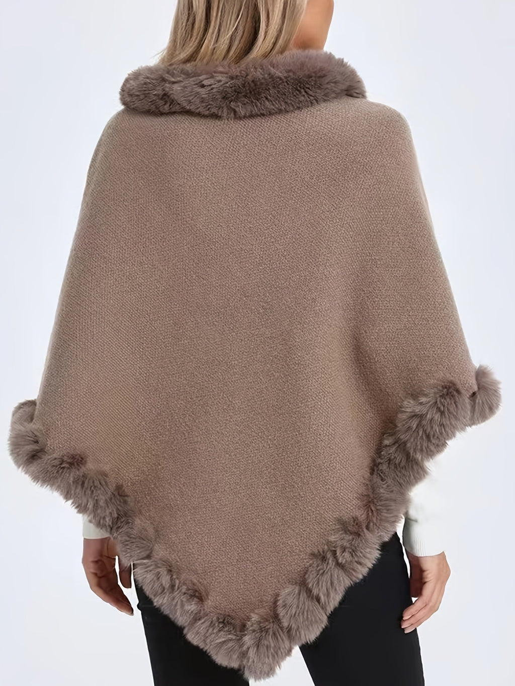 Elegante poncho lavorato a maglia da donna con bordo in pelliccia – Morbido mantello invernale in acrilico
