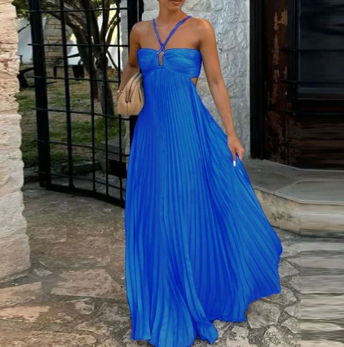 Abito donna plissettato senza maniche con collo halter - Elegante da sera