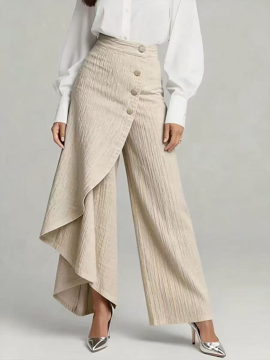 Pantaloni in finto denim a gamba dritta da donna – Pantaloni alla moda con bottoni arricciati