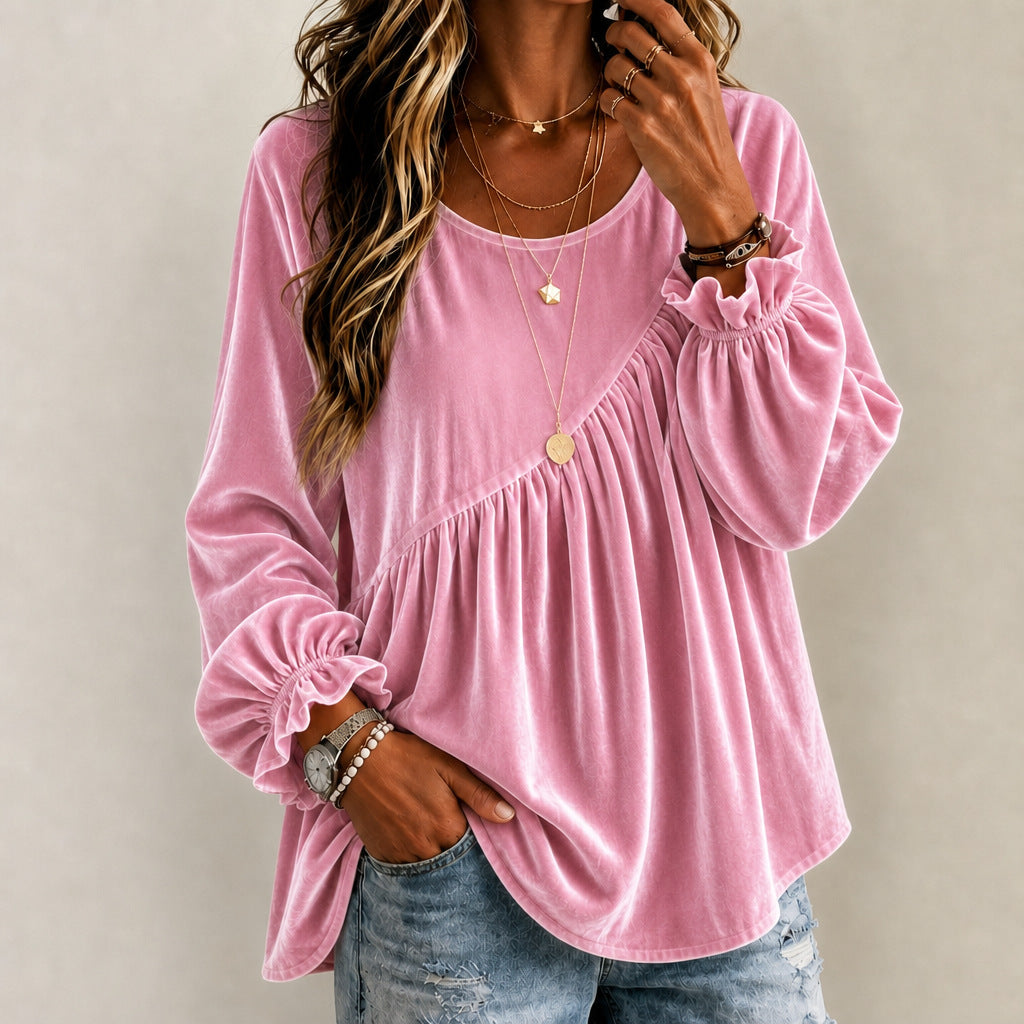 Top Donna in Velluto con Collo Rotondo e Volant – Stile Elegante Vestibilità Morbida