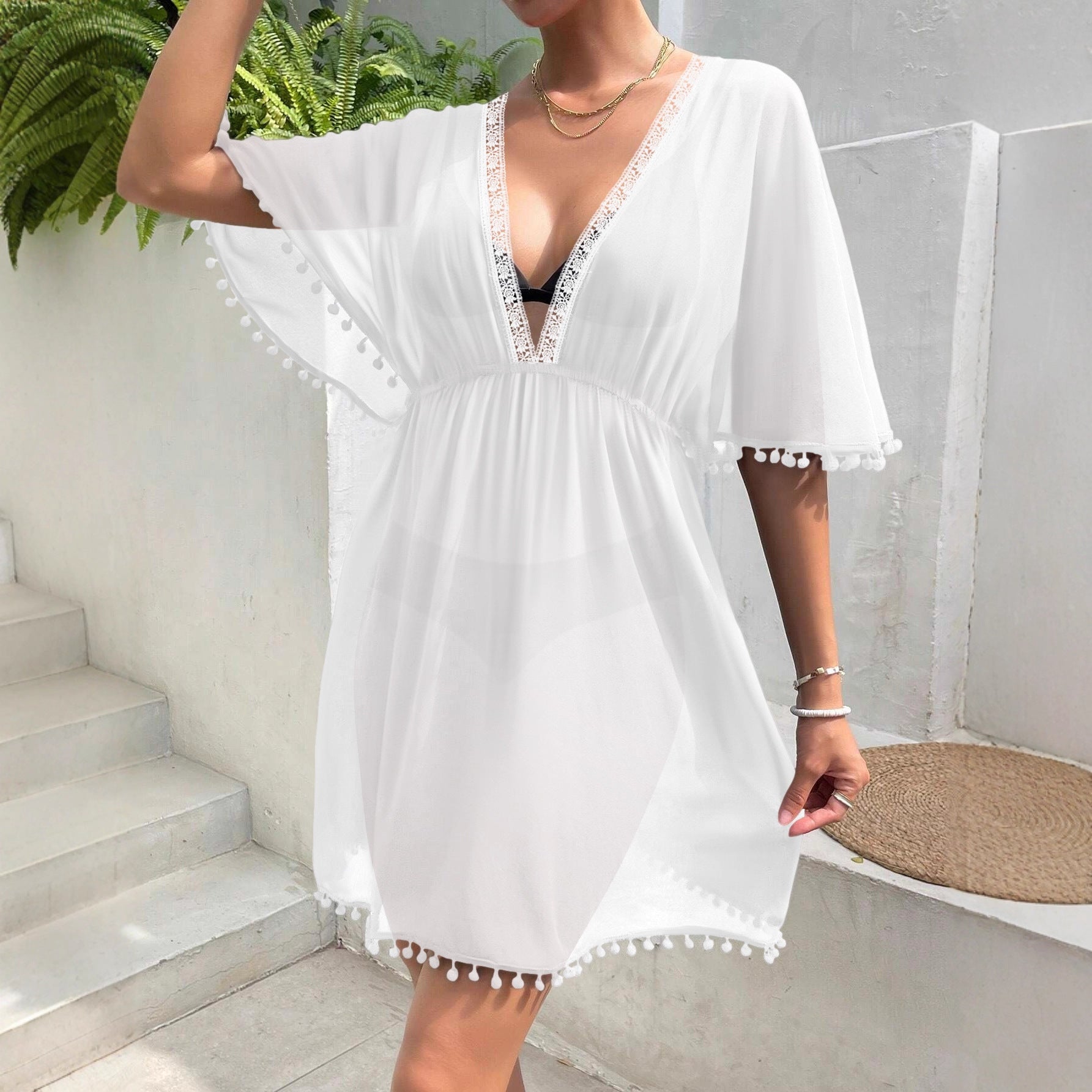 Abito da spiaggia da donna in pizzo patchwork – Copricostume con scollo a V e cintura in vita
