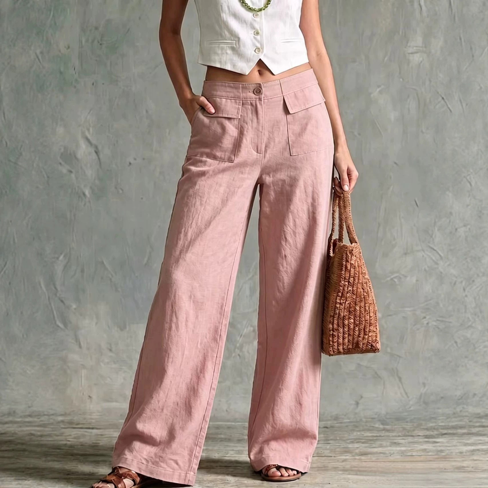 Womens Solid-color Fashionable Loose Casual Elastic-waist Trousers