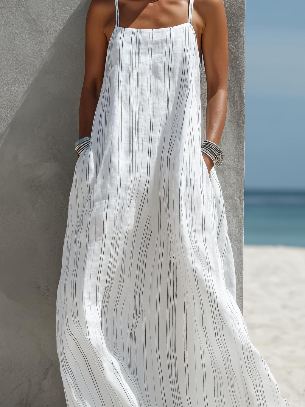 Abito maxi smanicato a righe da donna - Leggero e rilassato