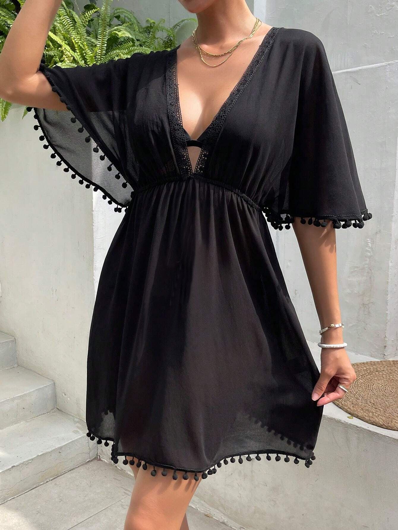 Abito da spiaggia da donna in pizzo patchwork – Copricostume con scollo a V e cintura in vita
