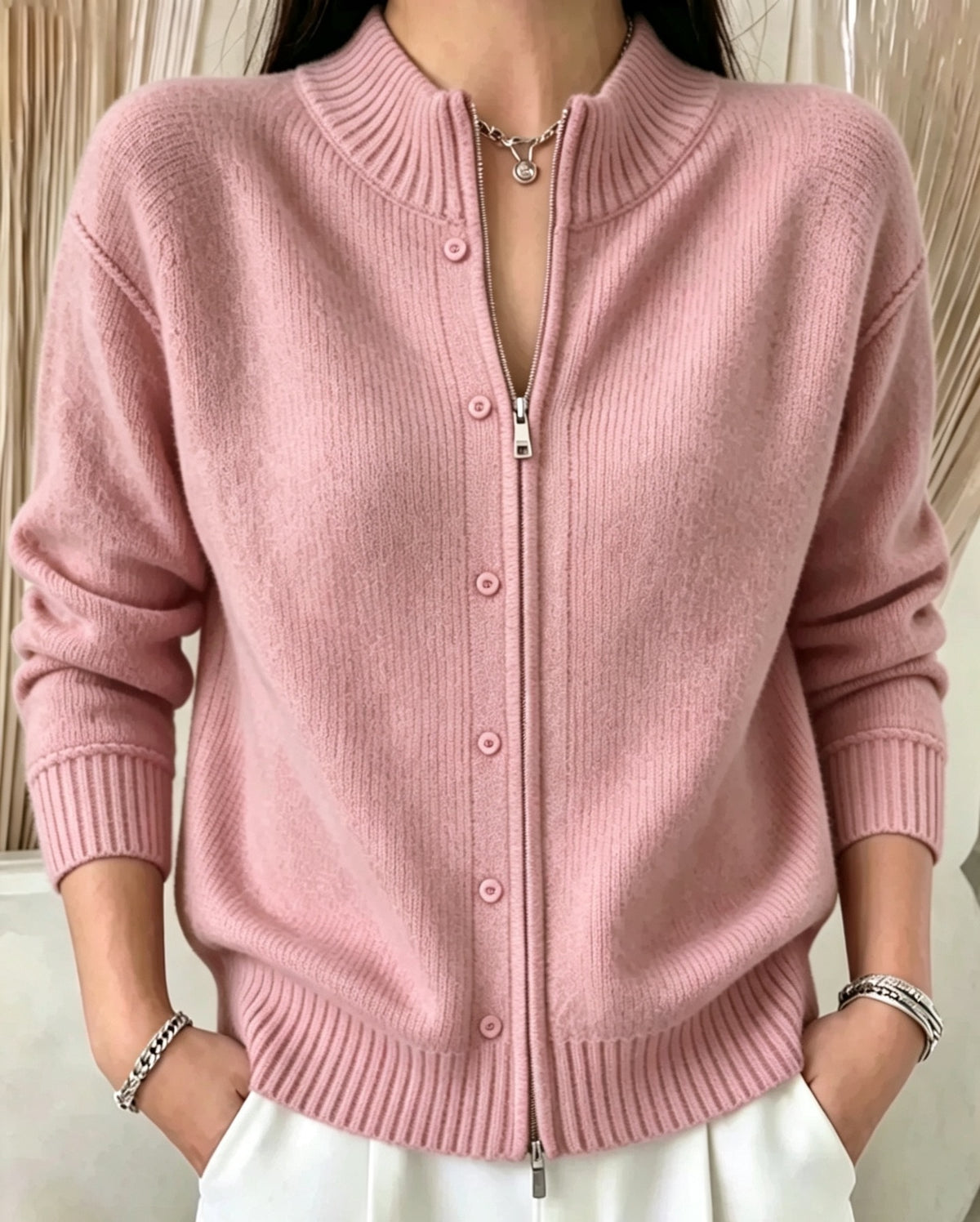 Suéter de mujer con cremallera y cuello redondo - Suave y práctico