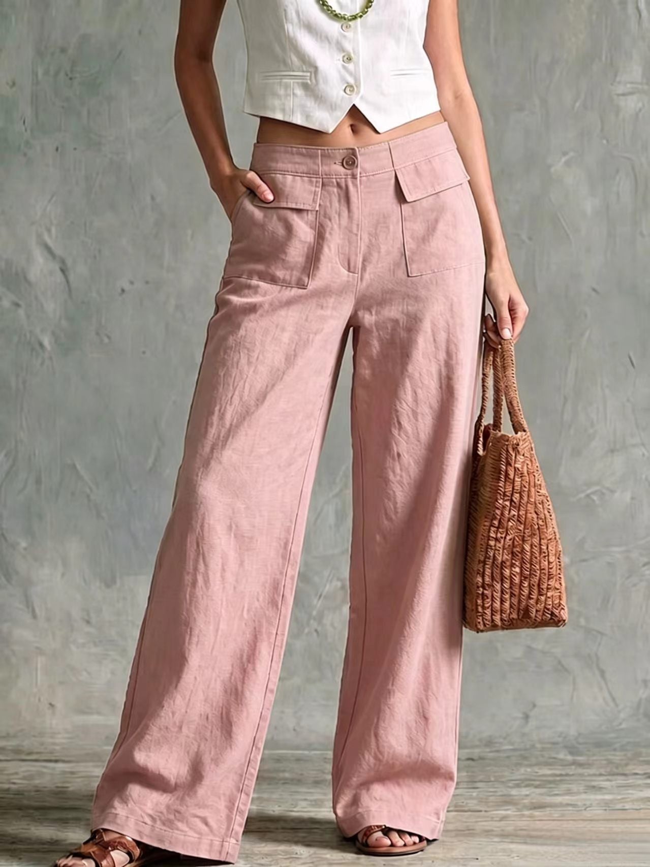 Womens Solid-color Fashionable Loose Casual Elastic-waist Trousers