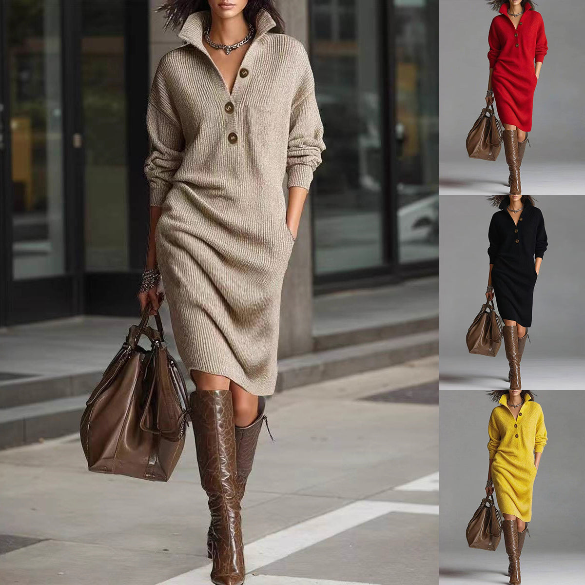 Abito in maglia a maniche lunghe da donna – Scollo a V alto con bottoni