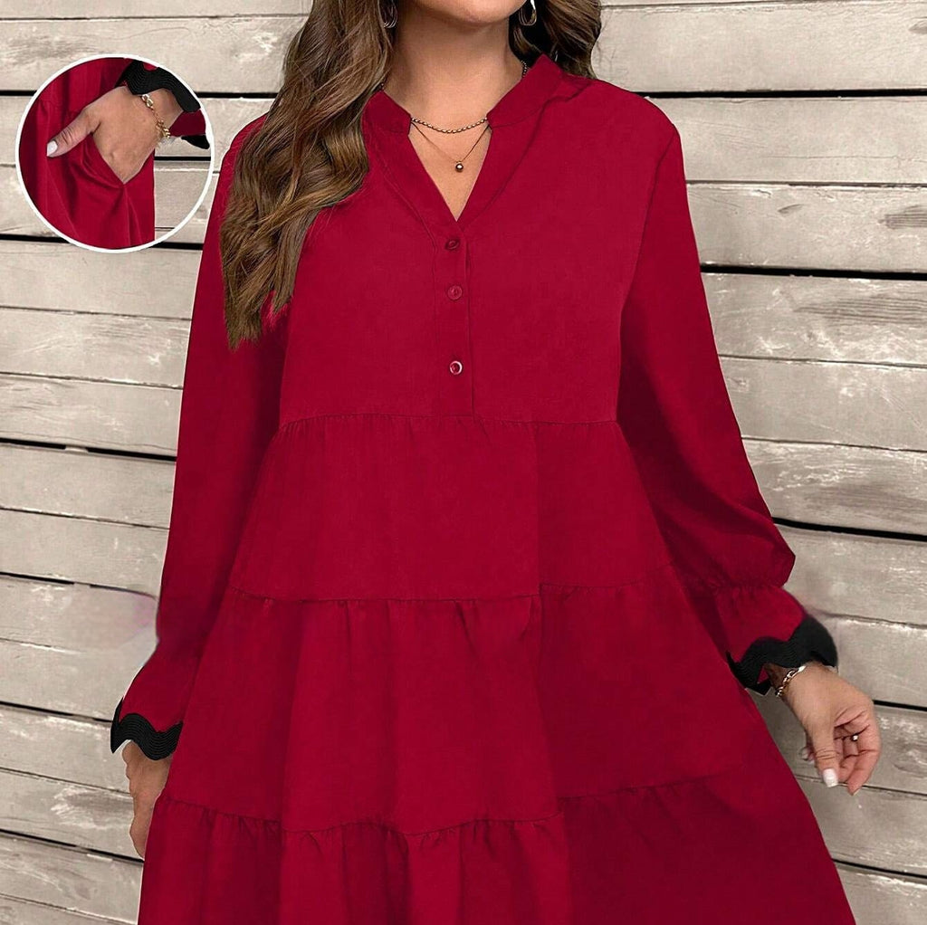Abito midi donna scollo a V con inserti e maniche lunghe