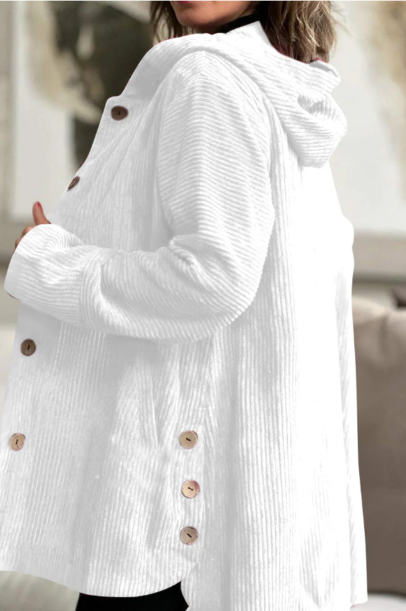 Elegante giacca con cappuccio in velluto a coste da donna – Maglione casual abbottonato di media lunghezza