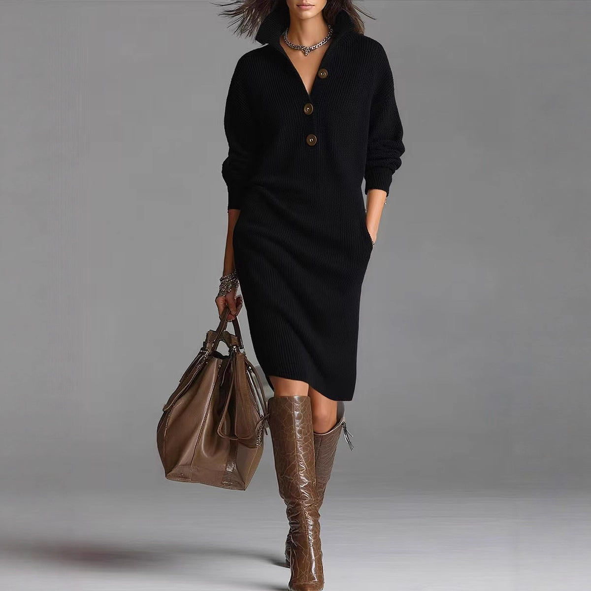Abito in maglia a maniche lunghe da donna – Scollo a V alto con bottoni