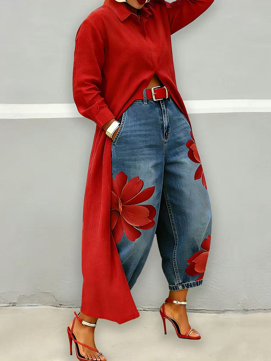 Jeans donna a fiori gamba ampia - Originali e casual