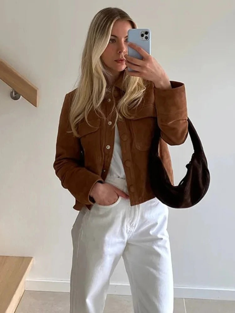 Elegante giacca in pelle scamosciata da donna - Capospalla alla moda