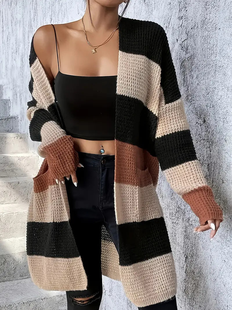 Cardigan femme à manches longues rayé et coupe ample – Style décontracté et confortable, disponible en trois couleurs