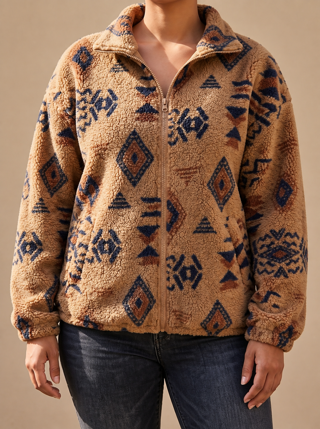 Blouson aviateur sherpa pour femme à motif aztèque - Chaud et tendance
