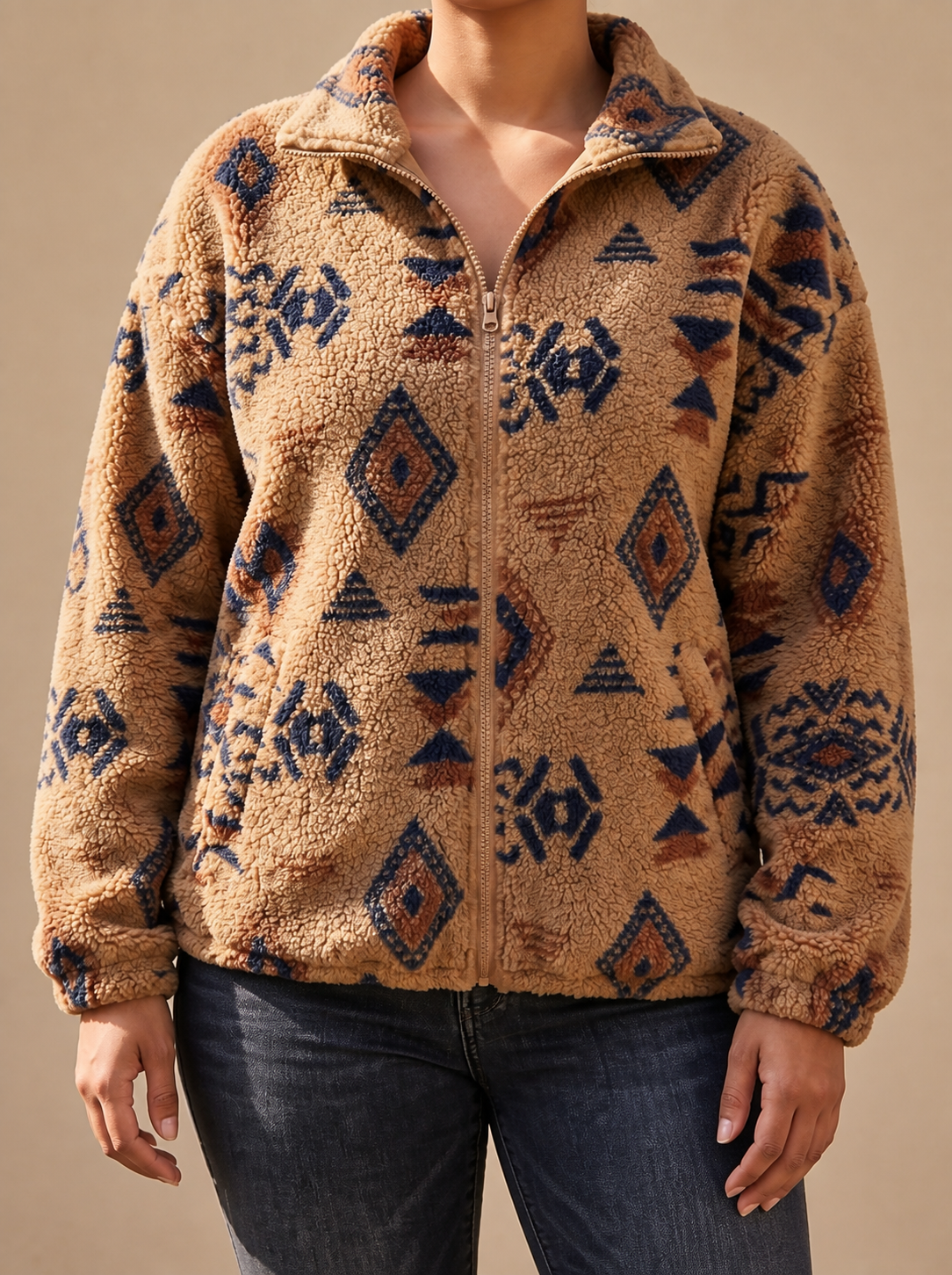 Blouson aviateur sherpa pour femme à motif aztèque - Chaud et tendance