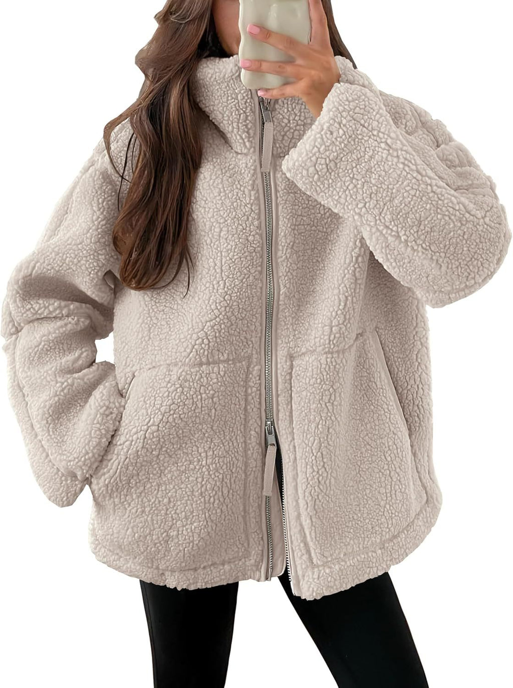 Giacca in pile da donna con colletto a punta – Capospalla casual semplice con tasche