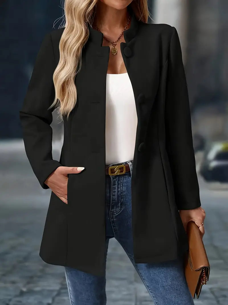 Elegante cappotto invernale di media lunghezza per donna – Cappotto con collo alto e bottoni