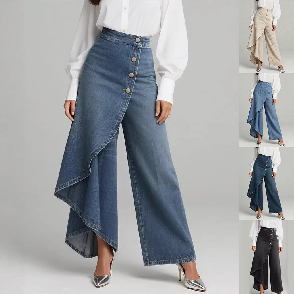 Pantaloni in finto denim a gamba dritta da donna – Pantaloni alla moda con bottoni arricciati