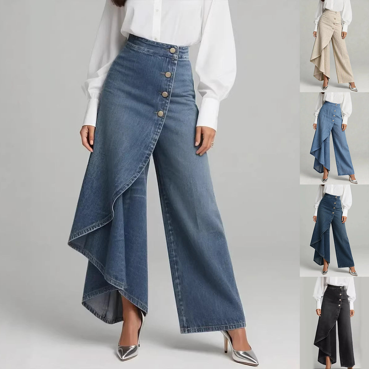 Pantaloni in finto denim a gamba dritta da donna – Pantaloni alla moda con bottoni arricciati