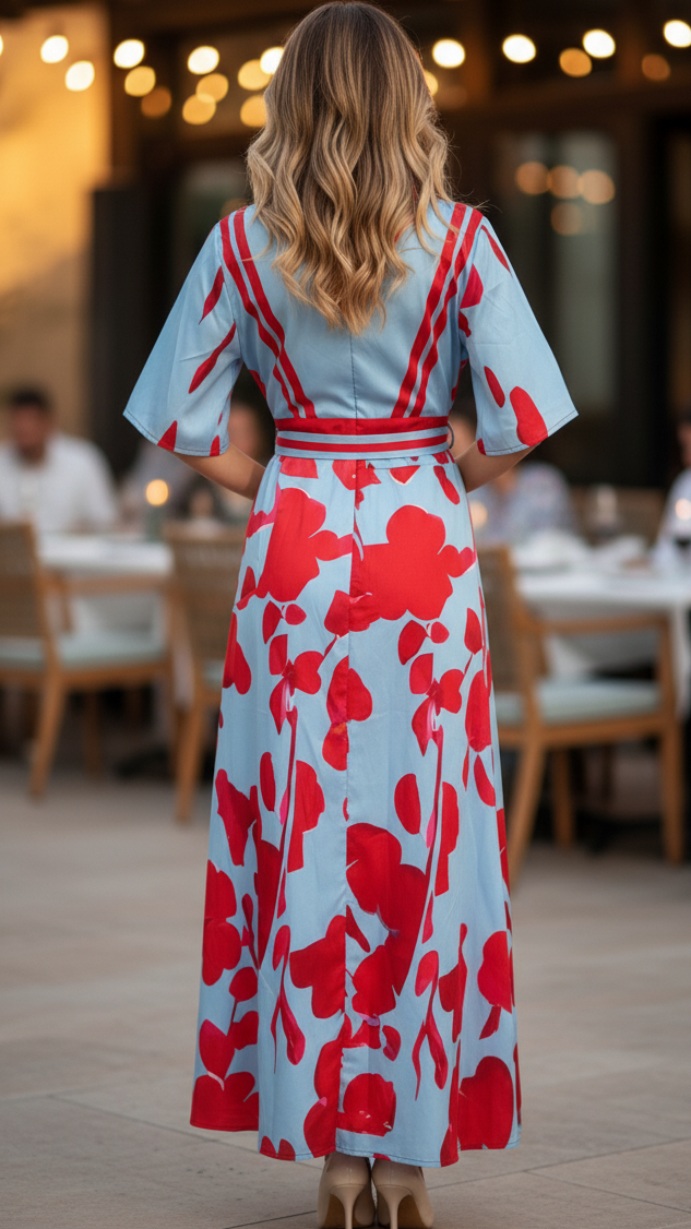 Elegante abito lungo con stampa floreale da donna - scollo a V maniche corte stile avvolgente
