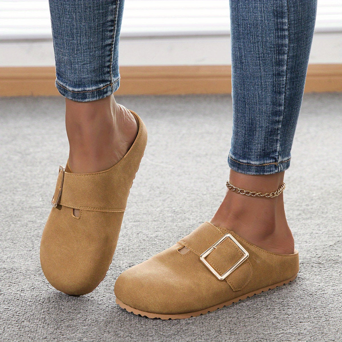 Women's slip-on mules - Comfortable fabric upper with metal buckle strap, soft PU insole, and durable PVC sole - Casual shoes for all seasons, easy to clean, stylish | Guaranteed comfort