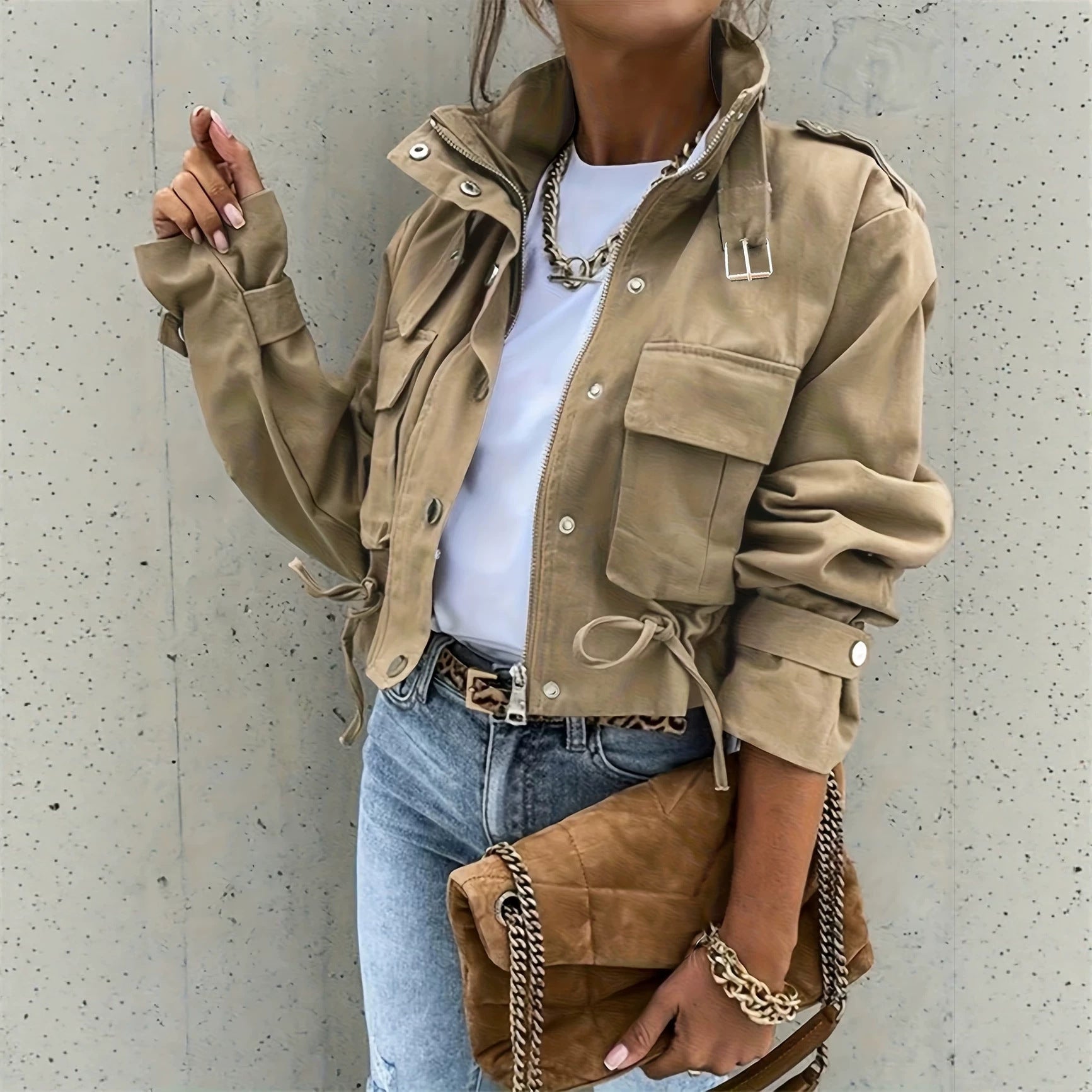 Veste biker pour femme à manches longues avec col montant – Style vintage chic et décontracté