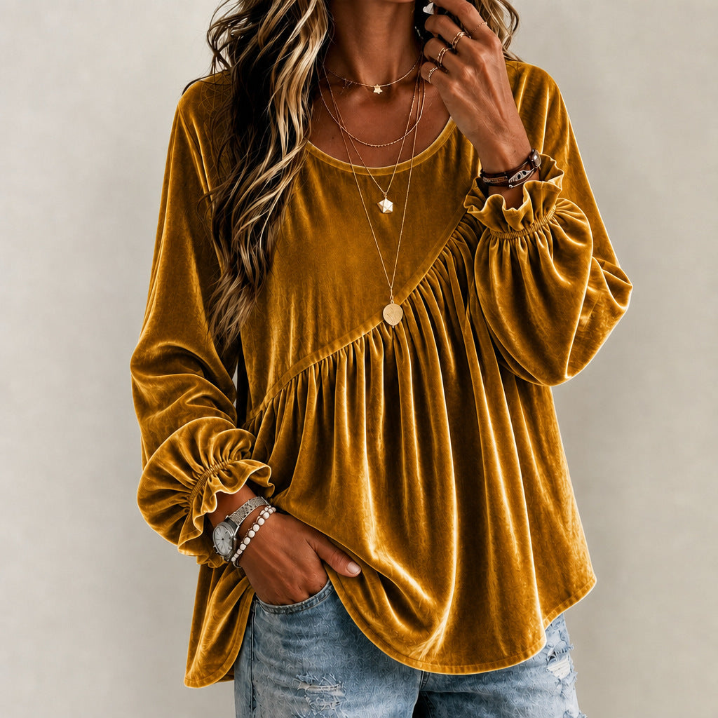 Top Donna in Velluto con Collo Rotondo e Volant – Stile Elegante Vestibilità Morbida