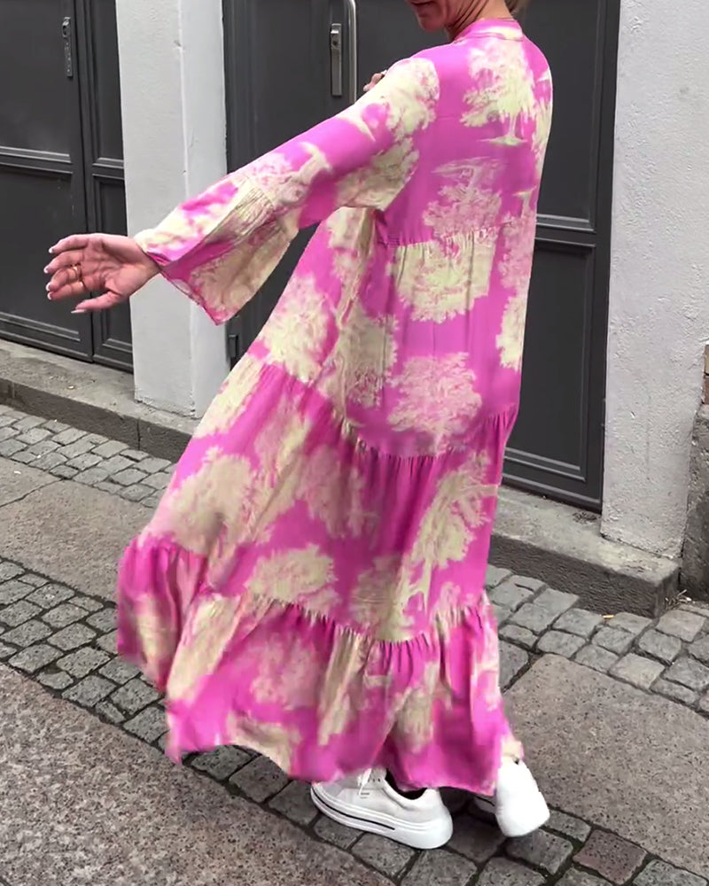 Elegante abito lungo stampato da donna – vestibilità ampia con maniche arricciate