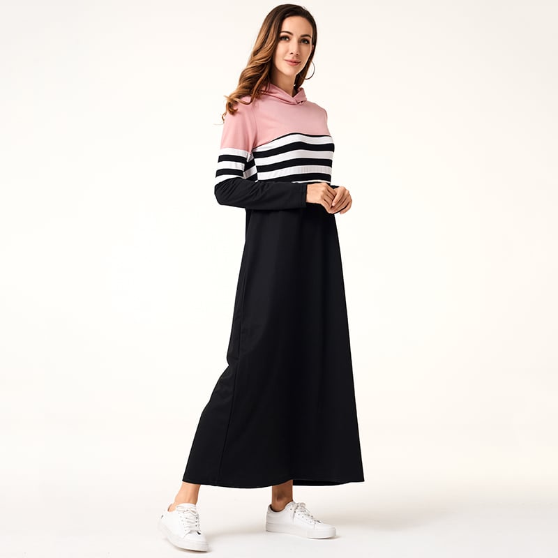 Abito autunnale da donna con cappuccio, maniche lunghe, patchwork a righe, taglio aderente