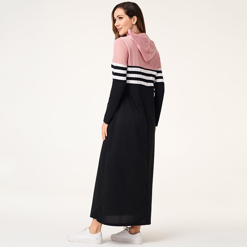 Abito autunnale da donna con cappuccio, maniche lunghe, patchwork a righe, taglio aderente