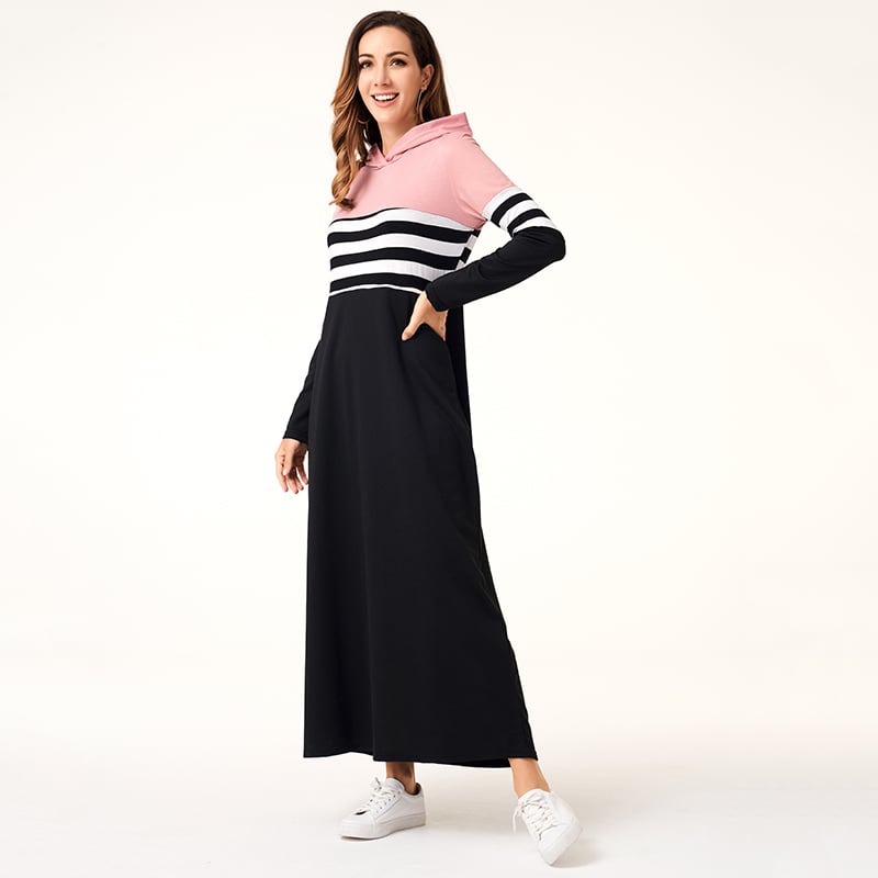Abito autunnale da donna con cappuccio, maniche lunghe, patchwork a righe, taglio aderente