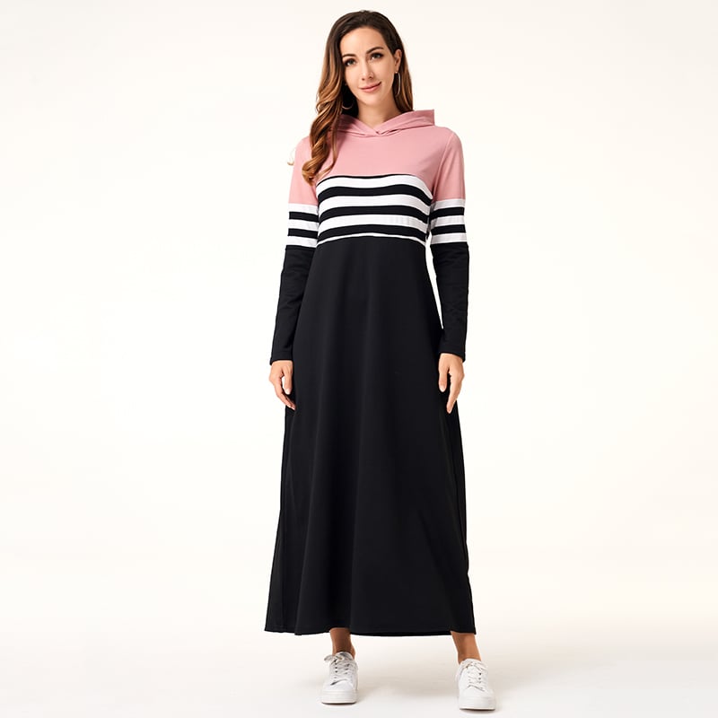 Abito autunnale da donna con cappuccio, maniche lunghe, patchwork a righe, taglio aderente