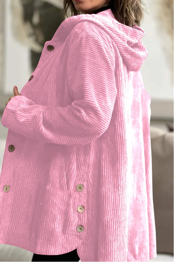 Elegante giacca con cappuccio in velluto a coste da donna – Maglione casual abbottonato di media lunghezza