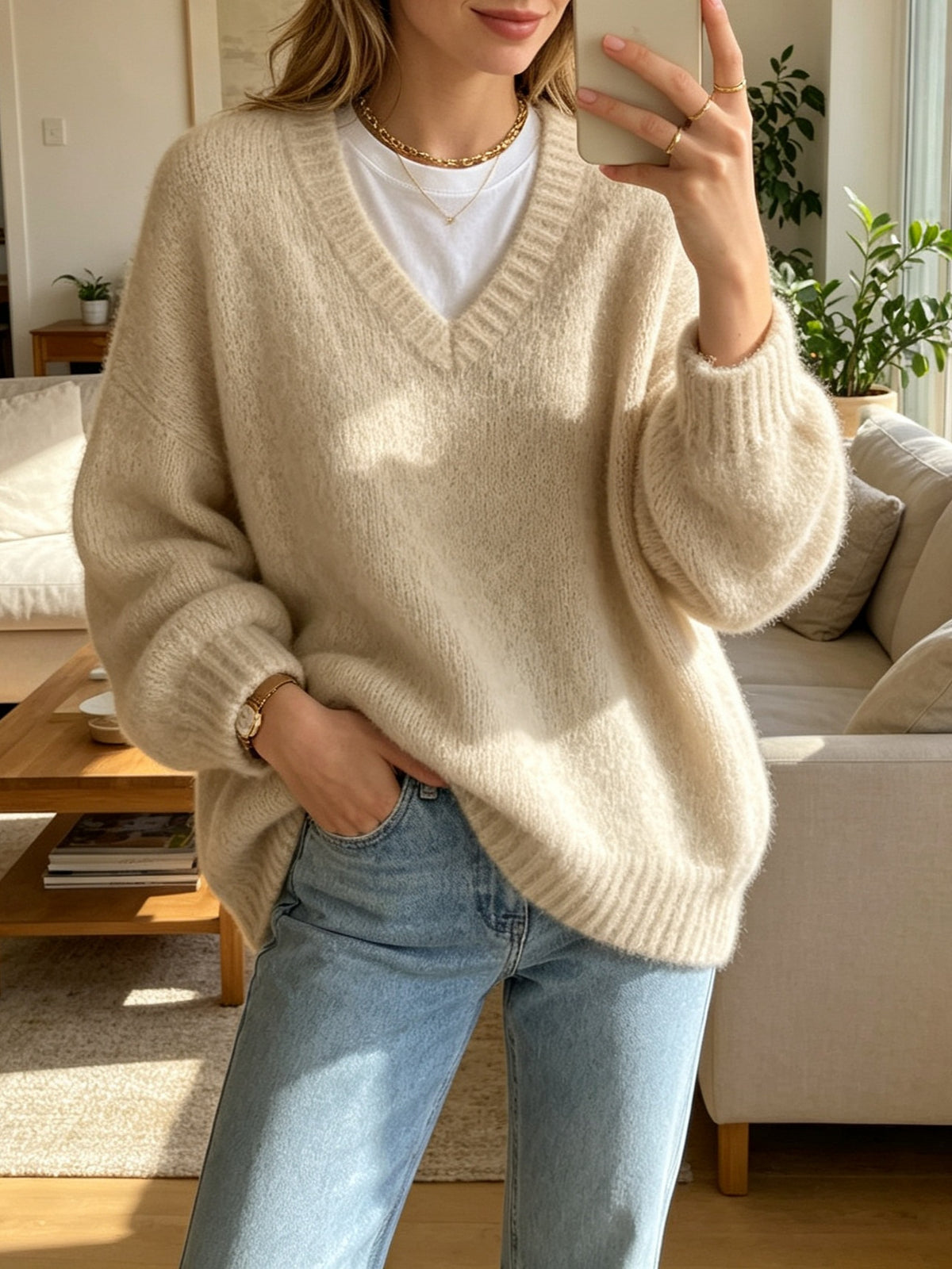 Pull femme ample à col V - Doux et décontracté