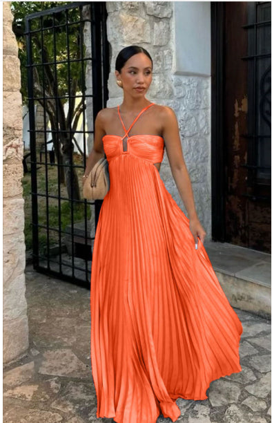 Abito donna plissettato senza maniche con collo halter - Elegante da sera